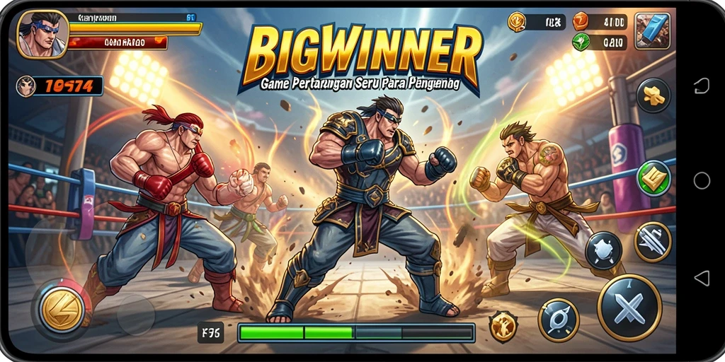 Gameplay BIGWINNER menampilkan pertarungan yang intens dan karakter yang unik.