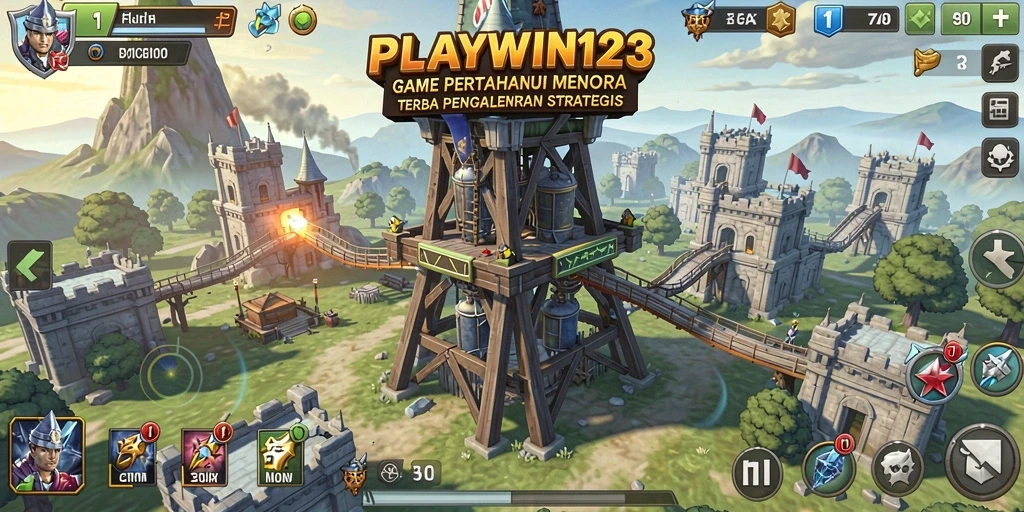 Screenshot utama PLAYWIN123 menampilkan aksi gameplay Tower Defense yang intens.